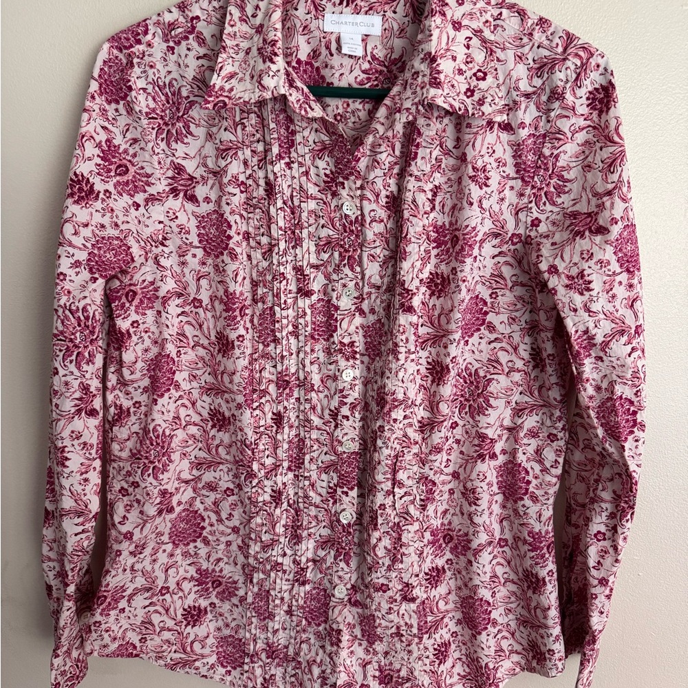 Charter Club Cream and Burgundy Floral Button-Up Shirt